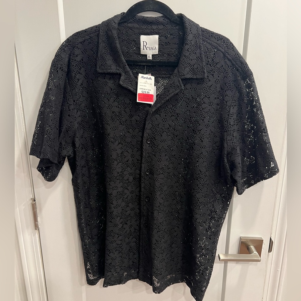 RAGA Black Lace Short-Sleeve Button-Down Shirt
